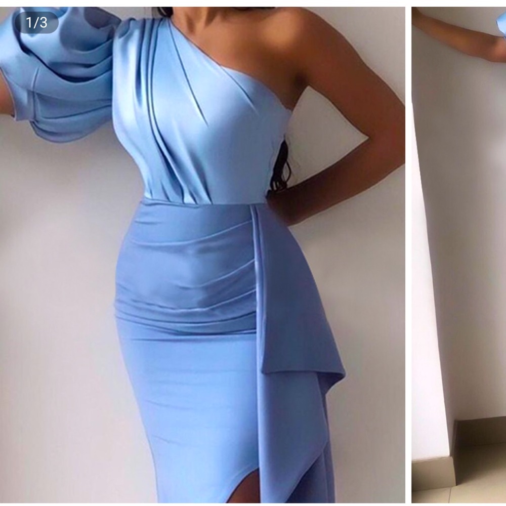SOLD ‼️ One Shoulder Puff Sleeve Ruched Slit Dress